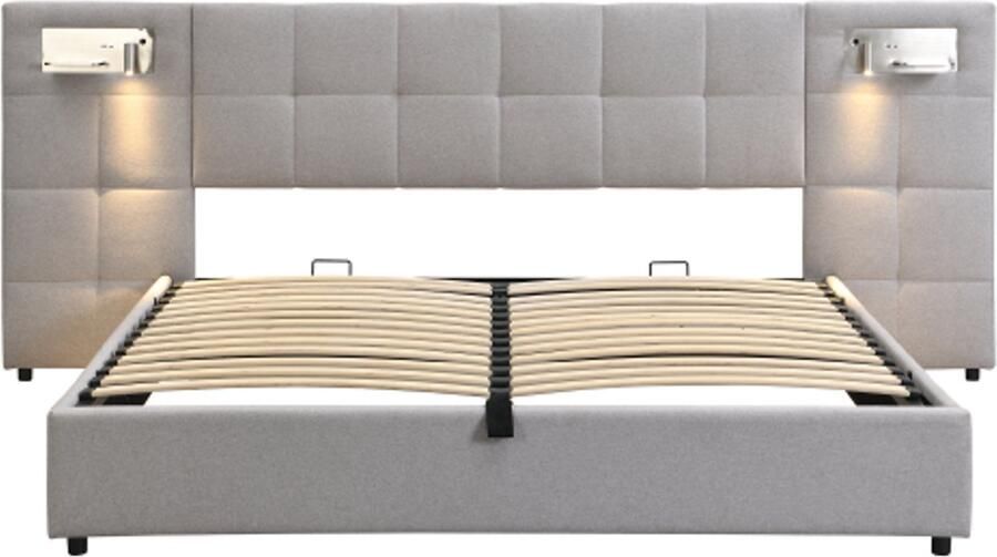 Gotagee Gestoffeerd bed 180 x 200 cm hydraulisch bed met USB-poort & draadloos opladen & verlichte lamp met opbergruimte voor volwassenen & tieners houten lattenbodem linnen grijs