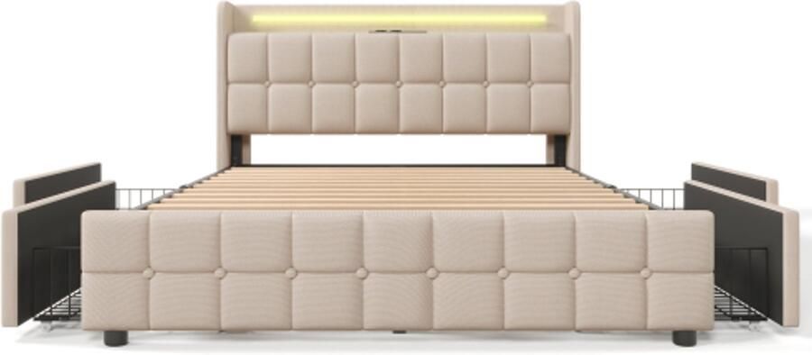 GOTAGEE Gestoffeerd Bed 140×200 cm Tweepersoonsbed Zonder Matras Beige Katoen Met LED Hoofdbord Met USB Type C Met 4 Schubladen Lattenbodem
