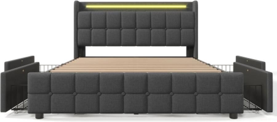 Eepersoonsbed 140x200cm Zonder Matras Polsterbed Grijs Hout Met LED En USB Hoofdbord 4 Laden Opbergbed Modern Design Geschikt Voor Slaapkamer