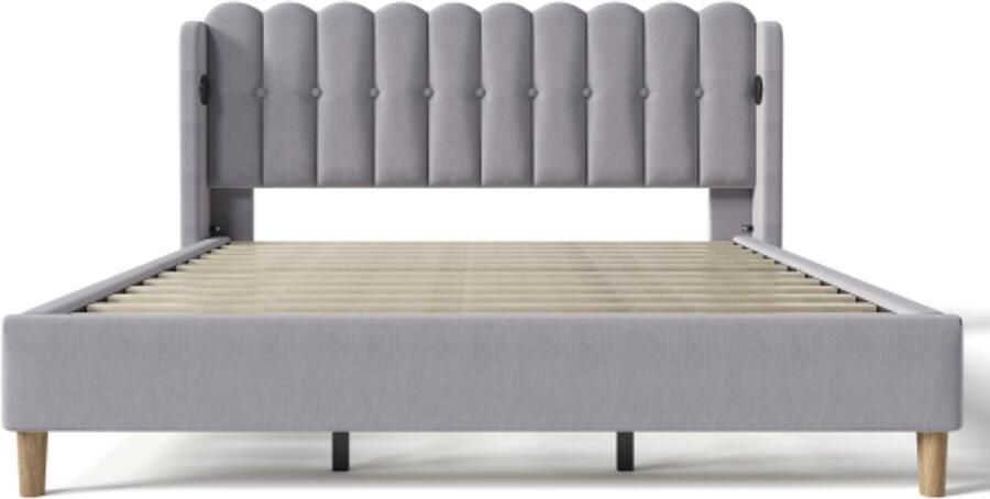 Tweepersoonsbed 180x200cm Zonder Matras Polsterbed Grijs Linnen Met Usb Type C Lattenbodem Geschikt Voor Slaapkamer Gastenbed Modern Design