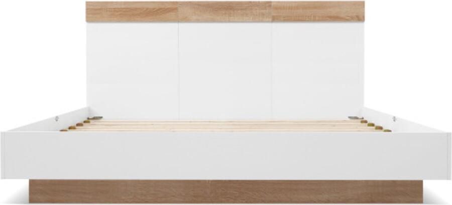 Eepersoonsbed 140x200cm Zonder Matras Wit Natuur Hout zwevend bed Met Hoofdbord En Lattenbodem Modern Design Geschikt Voor Slaapkamer