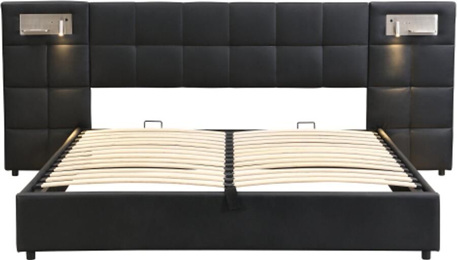 Gotagee Gestoffeerd bed 180 x 200 cm hydraulisch bed met USB-poort & draadloos opladen & verlichte lamp met opbergruimte voor volwassenen & tieners houten lattenbodem PU zwart