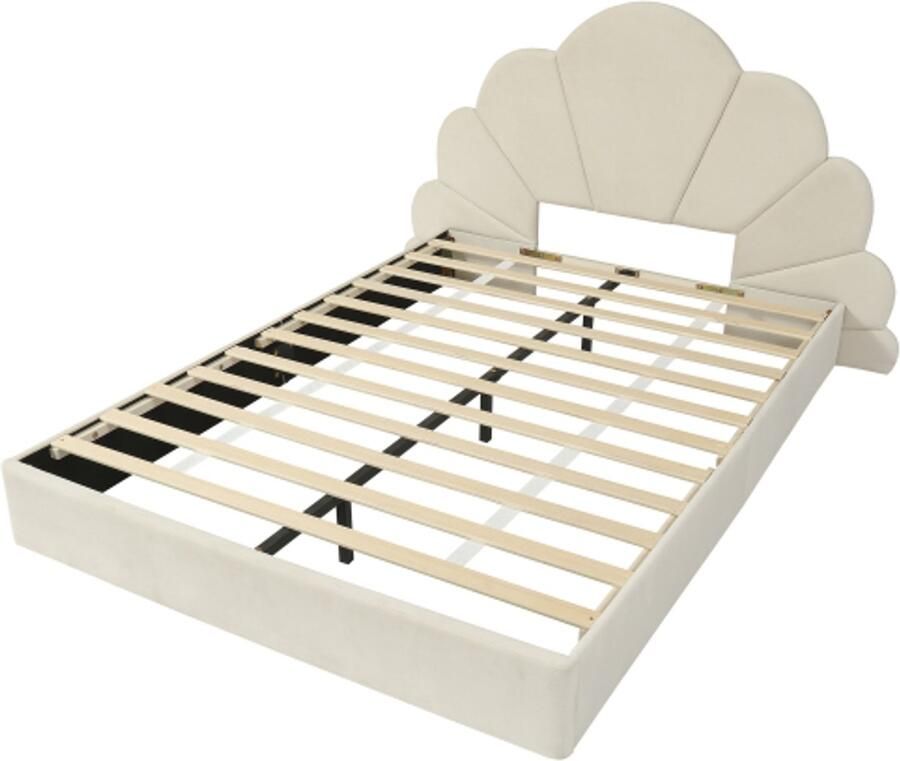 Tweepersoonsbed Eenpersoonsbed gestoffeerd bed 140x200cm kinderbed hoofdbord met gebogen bloemblaadjes eenvoudig modern bedframe fluweel beige