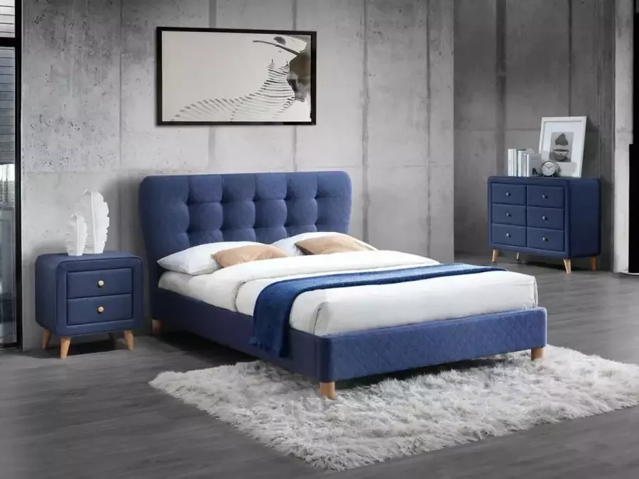 Vente-unique Tweepersoonsbed ELIDE Van stof 140 x 190 cm Blauw ELIDE L 163 cm x H 102 cm x D 206.5 cm