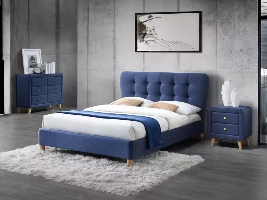 Vente-unique Tweepersoonsbed ELIDE Van stof 140 x 190 cm Blauw ELIDE L 163 cm x H 102 cm x D 206.5 cm - Foto 4