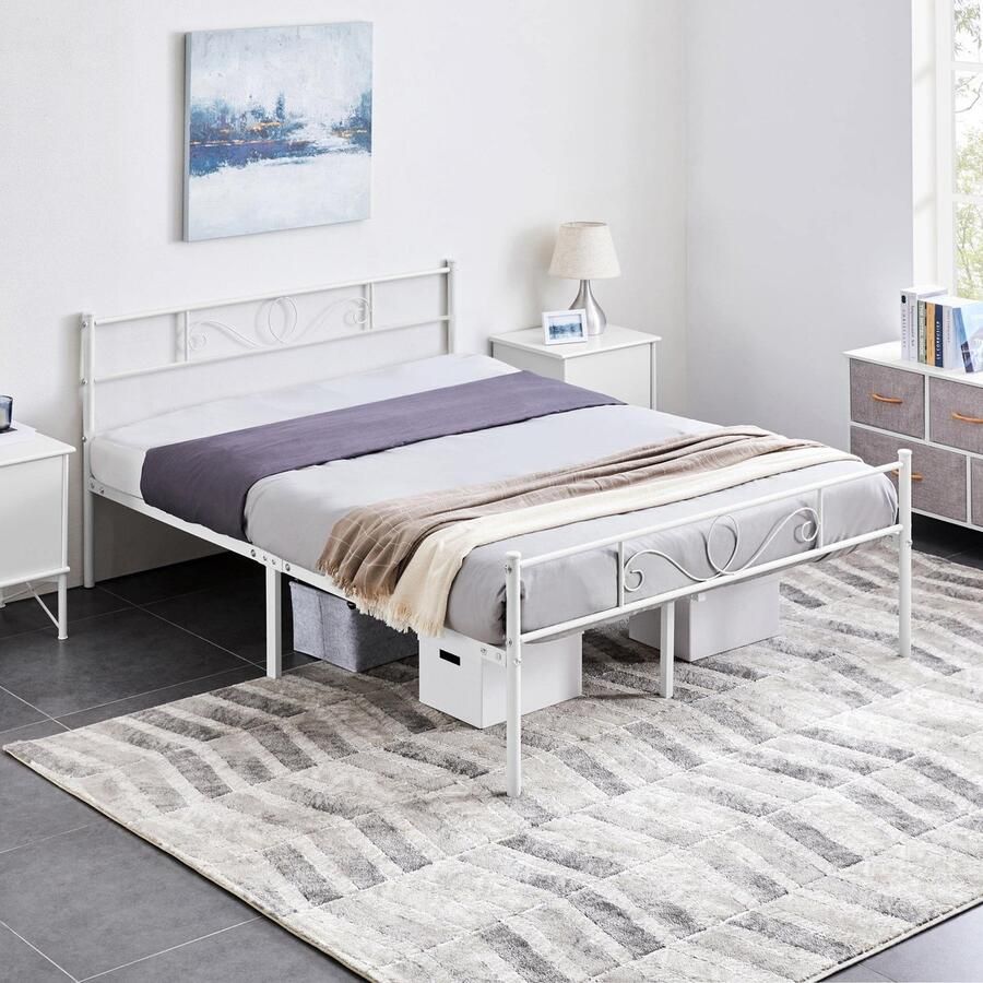 Tweepersoonsbed frame 135 x 190 cm metalen bedframe logeerbed ledikant met lattenbodem metalen bed wit