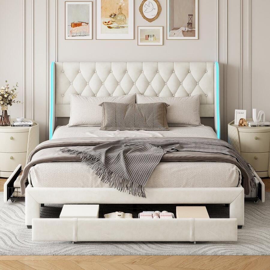 Tweepersoonsbed gestoffeerd 140 x 200 cm met ledverlichting en 3 lades bedframe met gestoffeerd hoofdeinde gestoffeerd bed met opbergruimte in beige (fluweel + 3 lades 140x200 cm)