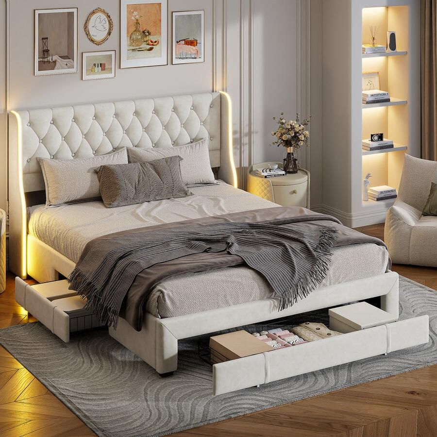 Tweepersoonsbed gestoffeerd 160 x 200 cm met ledverlichting en 3 lades bedframe met gestoffeerd hoofdeinde gestoffeerd bed met opbergruimte in beige (fluweel + 3 lades 160x200 cm)