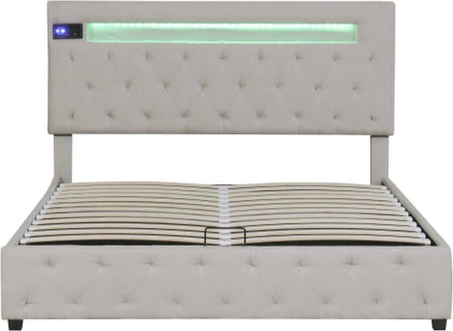 Tweepersoonsbed gestoffeerd bed 140x200cm familiebed platformbed met USB-oplader Bluetooth-speler en ledverlichting modern bedframe met opbergruimte verstelbaar hoofdeinde beige