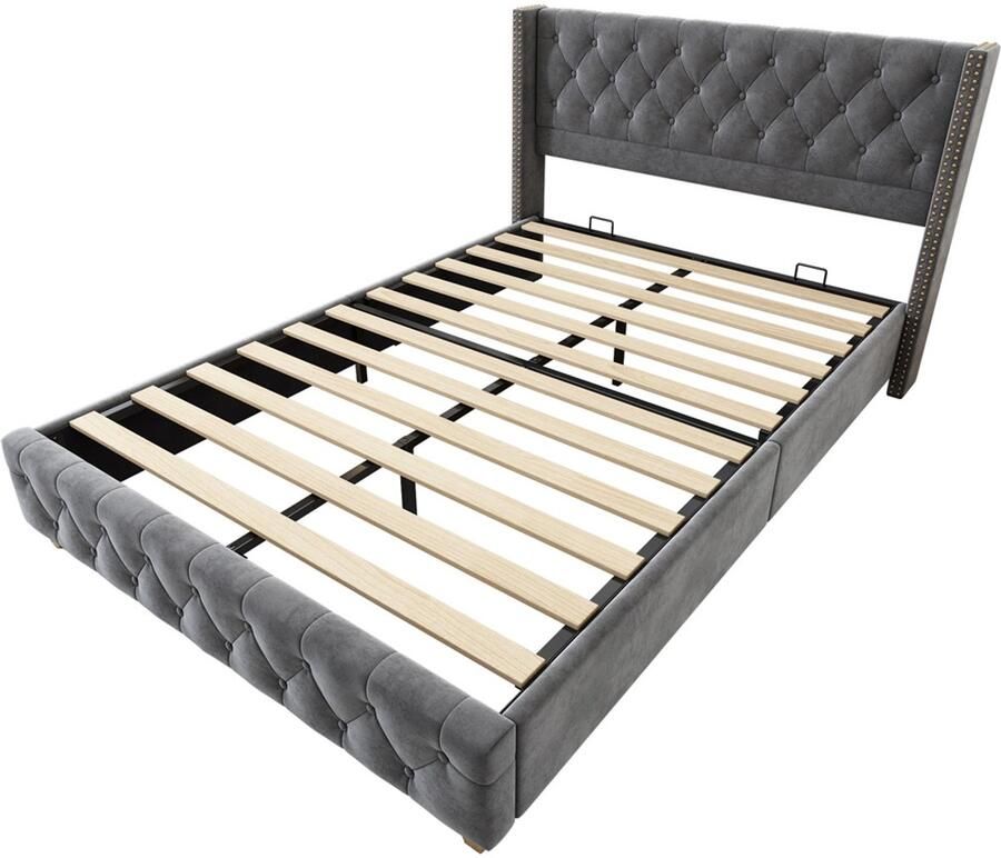 Tweepersoonsbed Gestoffeerd bed 160x200cm Zonder matras Knop- en klinknagelversiering met ruitpatroon Zachte huidvriendelijke stof Stevig frame Grijs