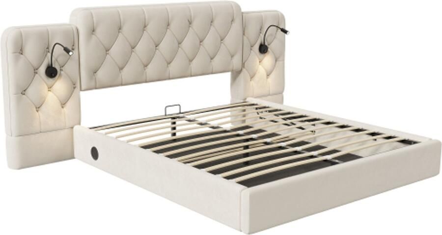Tweepersoonsbed gestoffeerd bed 180 x 200 cm bedframe met lang hoofdeinde fluwelen stof Europees bedframe-stijl USB-poorten bureaulamp hydraulisch systeem grote opbergruimte eronder beige