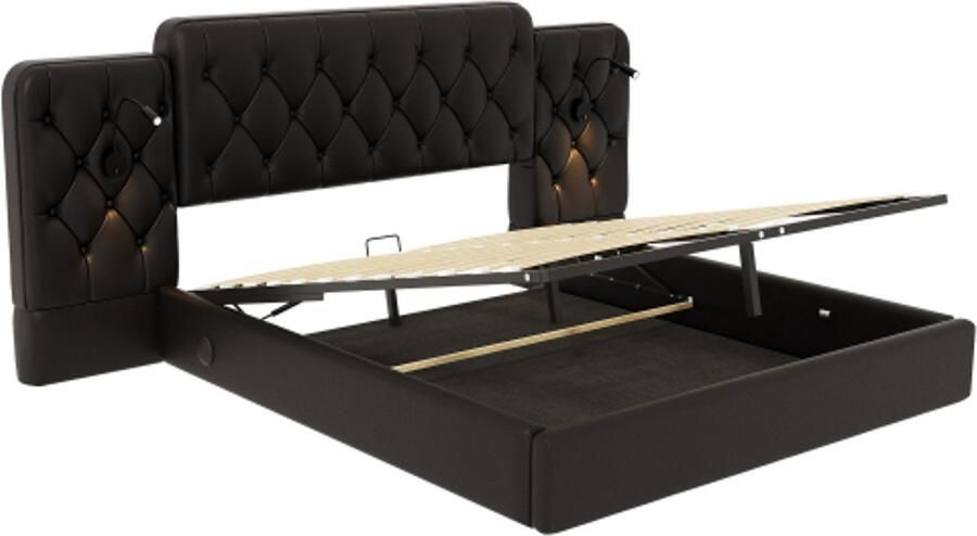Tweepersoonsbed gestoffeerd bed 180 x 200 cm bedframe met lang hoofdeinde PU Europees bedframe-stijl USB-poorten bureaulamp hydraulisch systeem grote opbergruimte eronder zwart