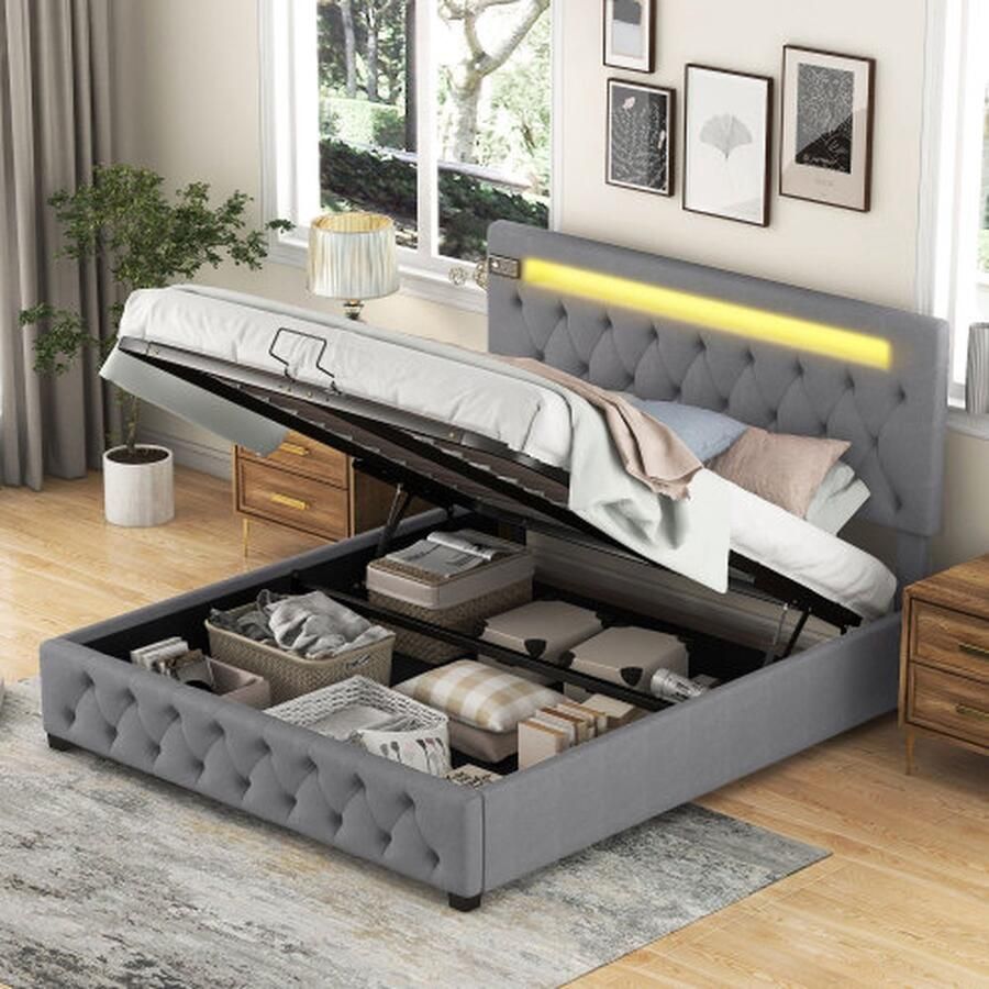 Tweepersoonsbed gestoffeerd bed familiebed platformbed met USB-opladen Bluetooth-speler en LED-verlichting modern bedframe met opbergruimte verstelbaar hoofdeinde grijs (140x200cm)