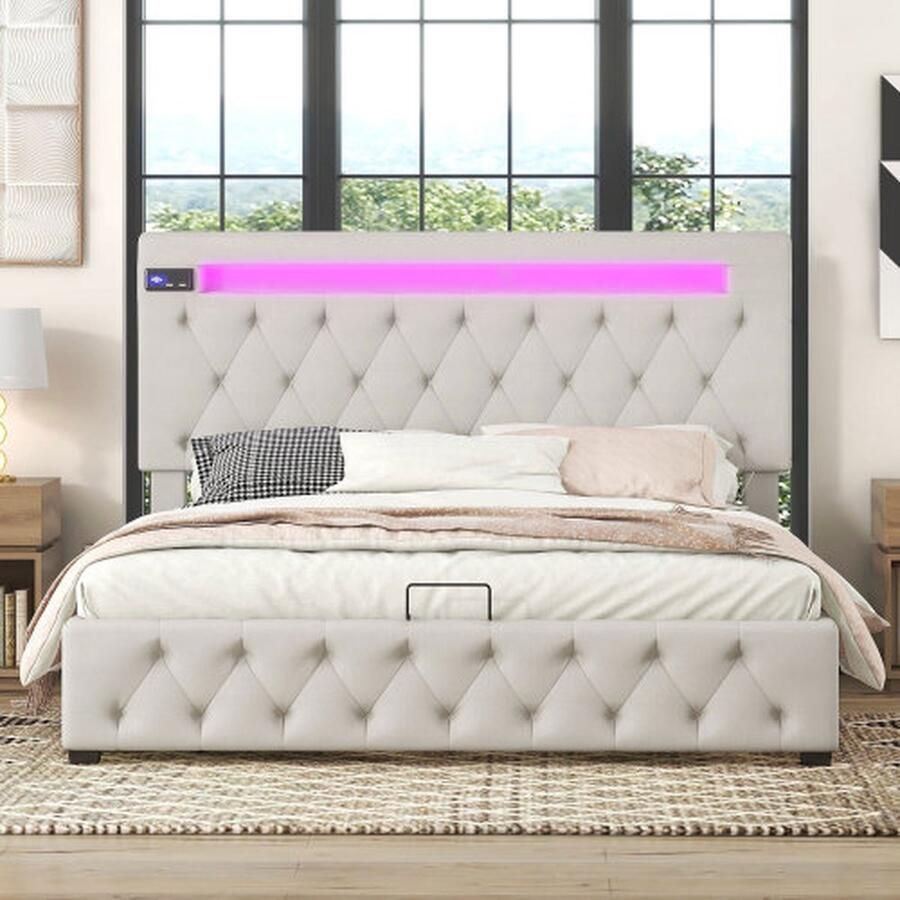Tweepersoonsbed gestoffeerd bed familiebed platformbed met USB-opladen Bluetooth-speler en LED-verlichting modern bedframe met opbergruimte verstelbaar hoofdeinde beige (140x200cm)
