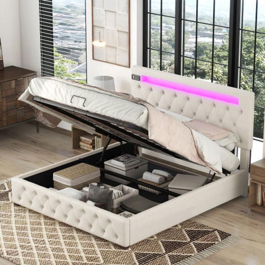 Tweepersoonsbed gestoffeerd bed familiebed platformbed met USB-oplader Bluetooth-speler en ledverlichting modern bedframe met opbergruimte verstelbaar hoofdeinde beige (140x200cm)