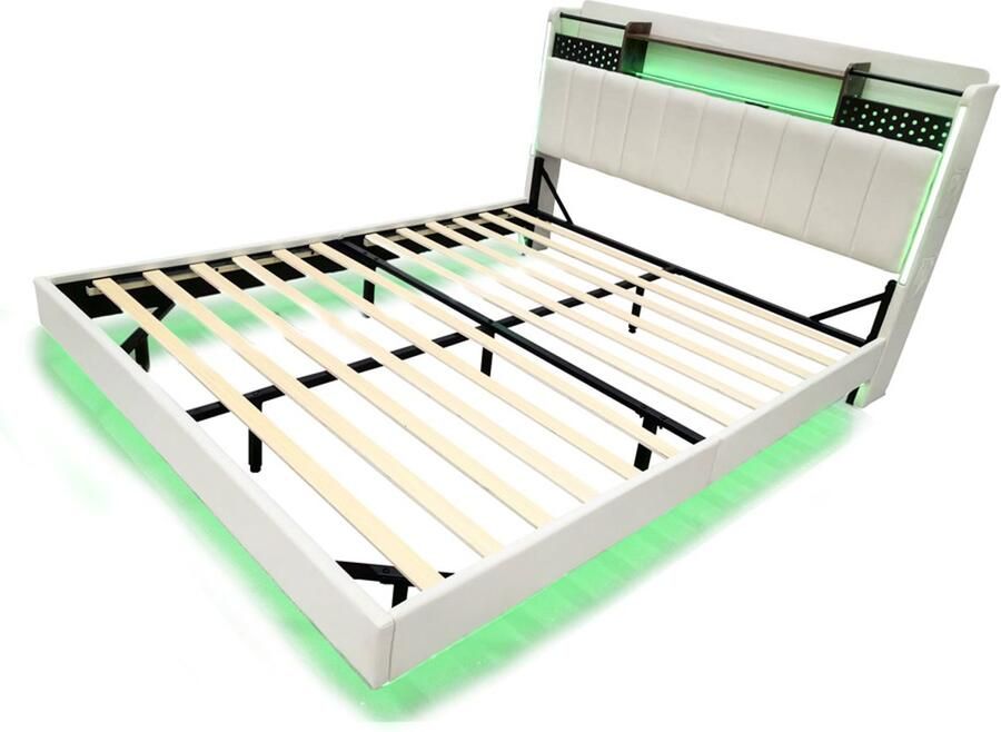 Tweepersoonsbed gestoffeerd bed multifunctioneel bed 140x200cm zonder matras met kleurveranderende LED-verlichting en oplaadpoorten hoofdbord met opbergruimte verborgen poten voor zwevend effect beige