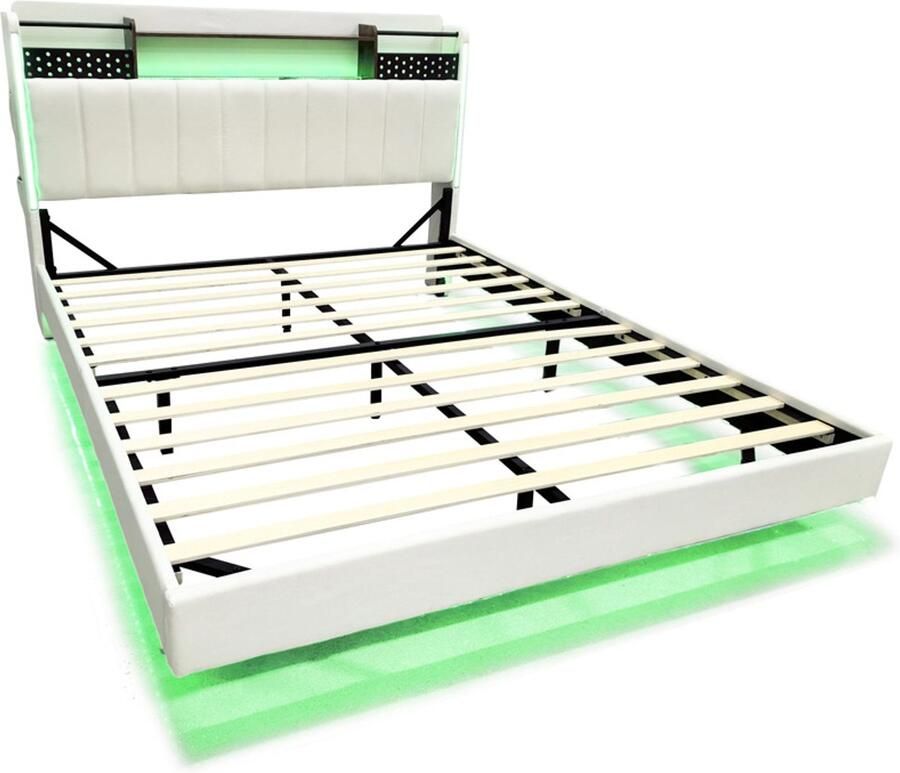 Tweepersoonsbed gestoffeerd bed multifunctioneel bed 160x200cm zonder matras met kleurveranderende LED-verlichting en oplaadpoorten hoofdbord met opbergruimte verborgen poten voor zwevend effect beige