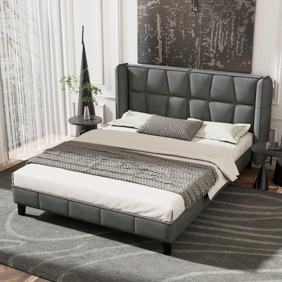 Gutent Tweepersoonsbed Grijs (Zonder matras) 140*200 cm Fluweel met Lattenbodem en hoofdeinde adolescentenbed houten lattenbodems