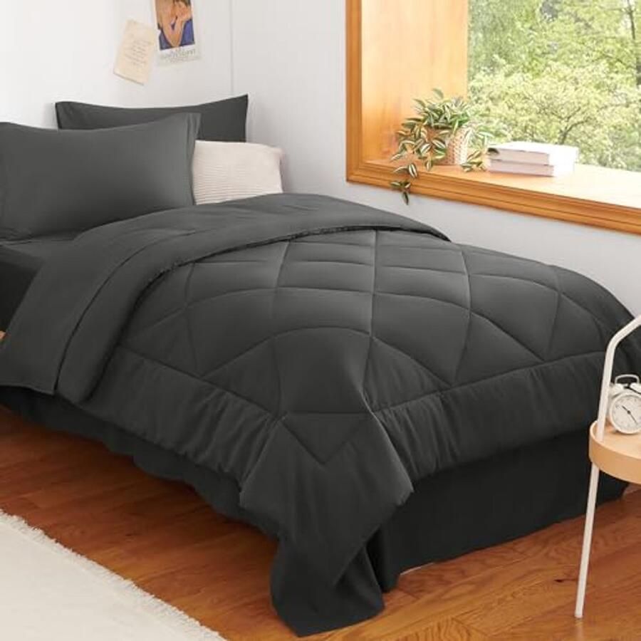 Tweepersoonsbed in een tas 5-delig dekbedset met kussenslopen en lakens voor meisjes en jongens Donkergrijs dekbed voor elk seizoen