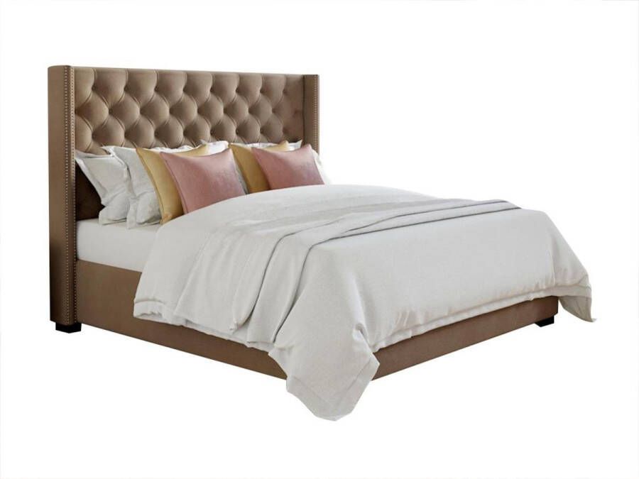 Tweepersoonsbed MASSIMO gestoffeerd met capitons 160 x 200 cm beige stof L 183.5 cm x H 141.5 cm x D 215.5 cm