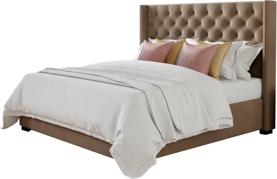 Tweepersoonsbed MASSIMO gestoffeerd met capitons 180 x 200 cm Beige stof L 215 cm x H 141 cm x D 203 cm - Foto 3