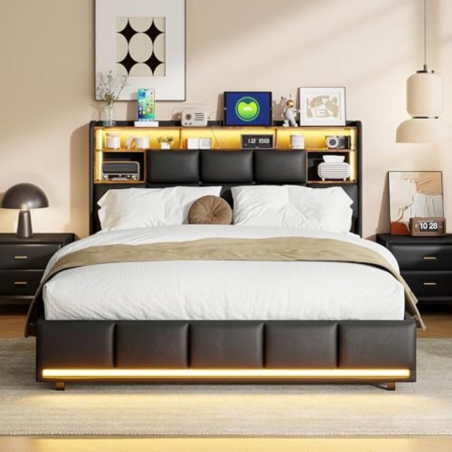 Tweepersoonsbed met Opbergruimte en LED-verlichting 140 x 200 cm Gevoerd Stoffen Bed