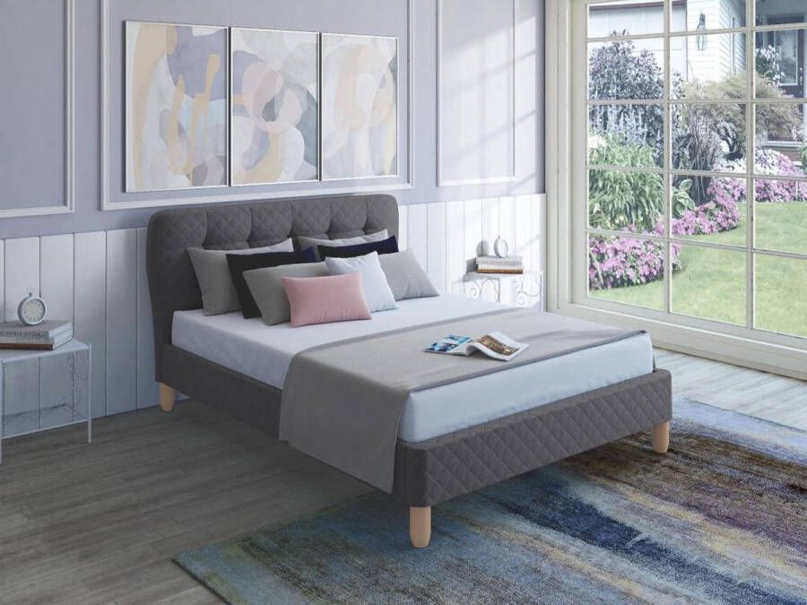 Vente-unique Tweepersoonsbed Van stof 140 x 190 cm Grijs ELIDE L 163 cm x H 102 cm x D 206.5 cm - Foto 3