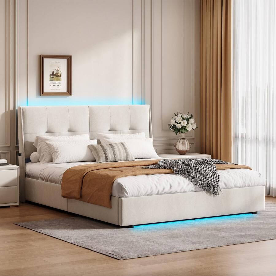 NMONET Tweepersoonsbedden 160x200 cm Hydraulische lift LED Metalen bedframe Lattenbodem met hoge dichtheid PU hoofdeinde Moderne stijl Beige - Foto 2