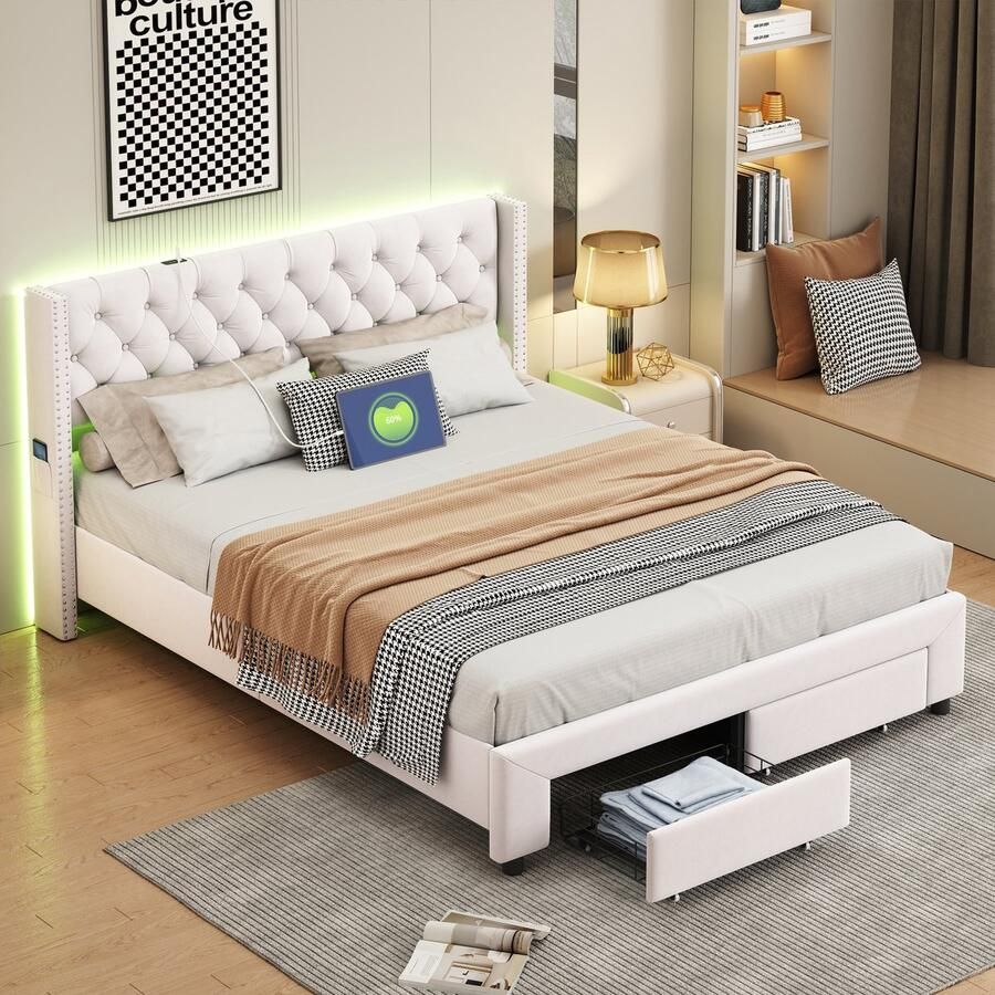 NMONET Tweepersoonsbedden Gestoffeerd 160x200 cm fluwelen hoofdeinde en metalen frame 4 modi LED-lichtstrip oplaadfunctie 2 lades slaapkamer tweepersoonsbed gestoffeerd bed beige - Foto 2