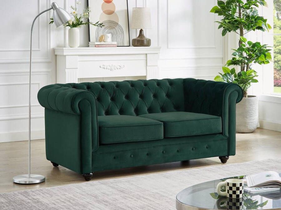 Vente-unique Tweezitsbank van groen velours CHESTERFIELD L 168 cm x H 72 cm x D 88 cm