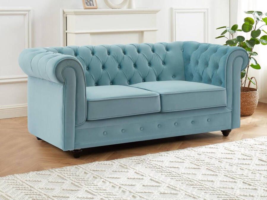 Vente-unique Tweezitsbank van pastelblauw velours CHESTERFIELD L 168 cm x H 72 cm x D 88 cm