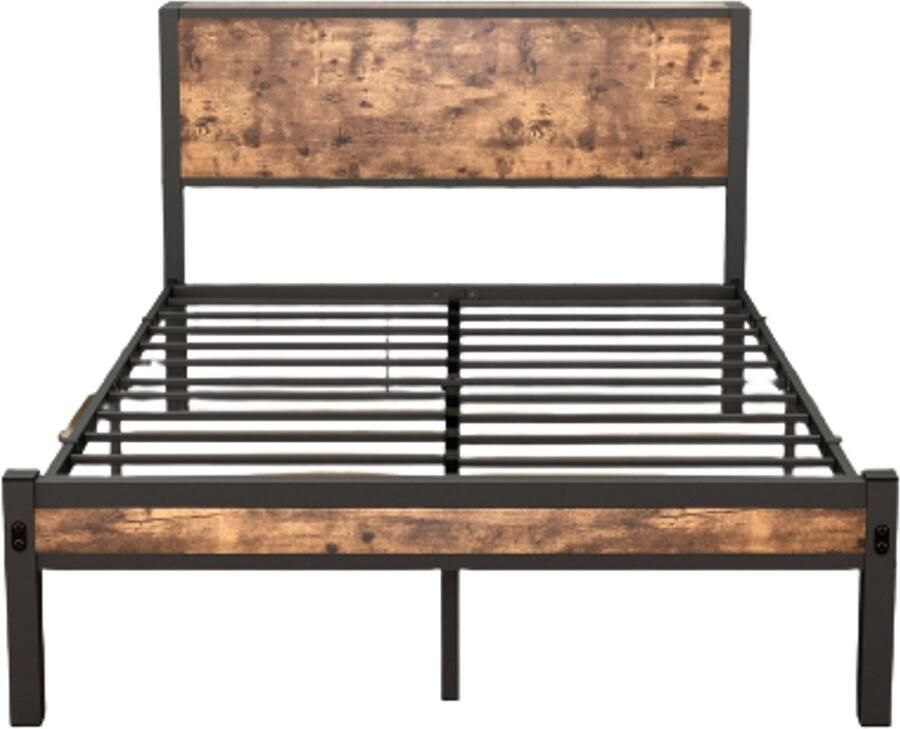 Twijfelaar 120x200cm Zonder Matras Platformbed Metalen Bed Vintage Bruin Met Opberghoofdbord Geluidsvrij Geen Boxspring Nodig Stevig Frame Voor Slaapkamer