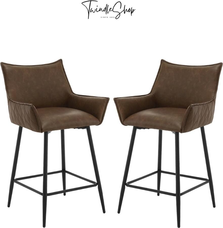 TwindleShop Set Van 2 Hoge Stoelen Barkrukken Met Rugleuning Industrieel Barstoelen Met Armleuning Kunst Leer Donker Bruin - Foto 2