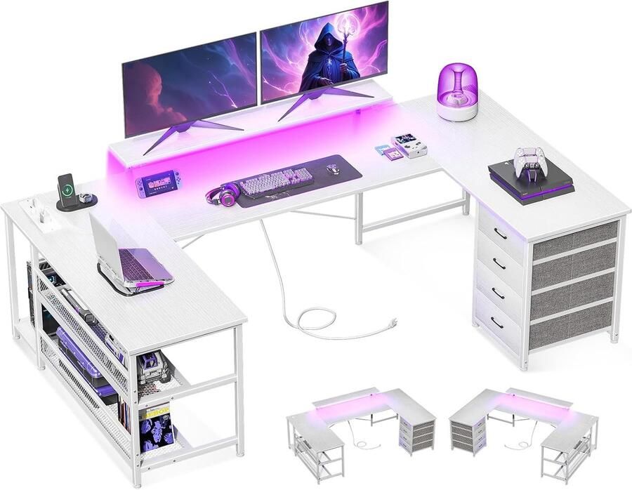 U-vormig bureau met 4 laden en LED-verlichting gaming- en thuiskantoor bureau met 2 USB-oplaadpoorten