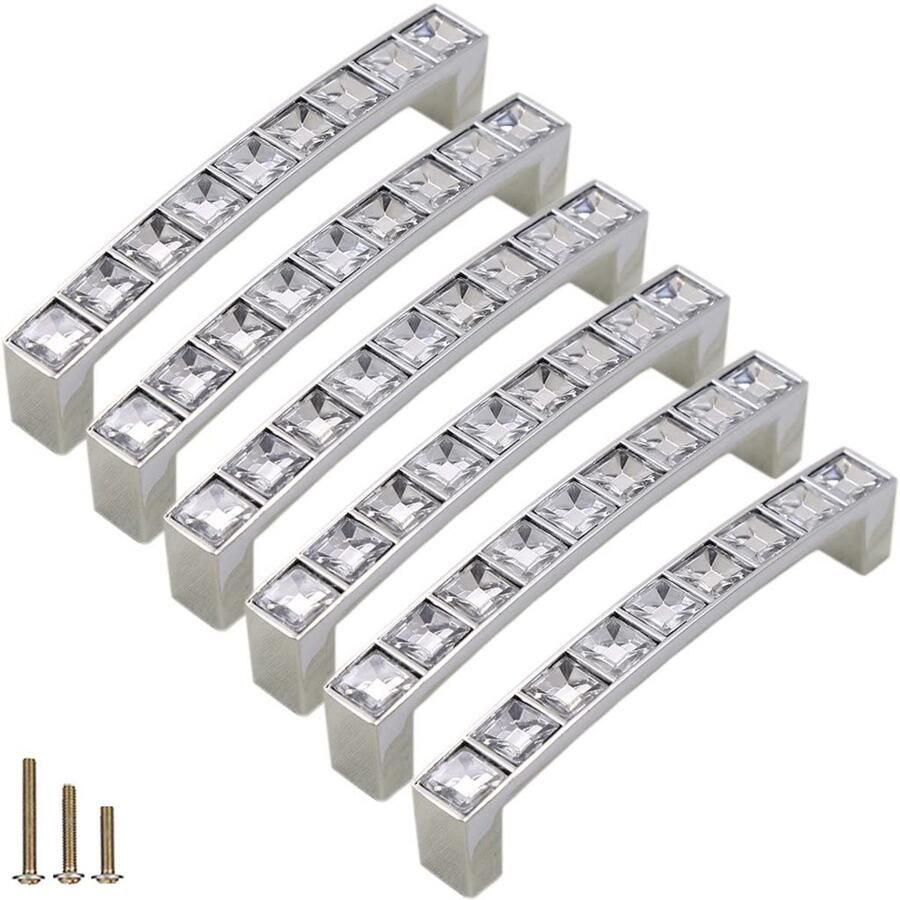 U-vormige kristalglazen ladeknoppen set van 6 glanzend zinklegering