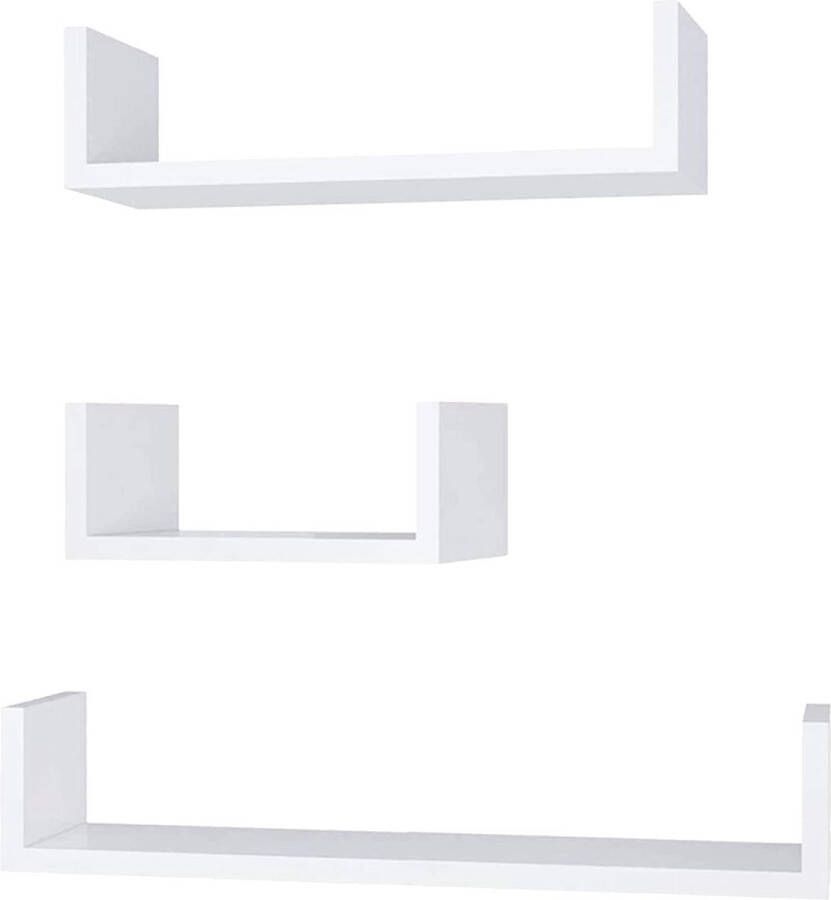 U-vormige wandplank set van 3 zwevende planken set boeken en decoraties 3 zijplanken (wit)
