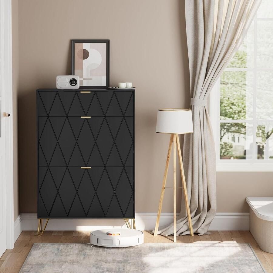 UEV Kantelbare schoenenkast schoenenrek voor 16 paar 3 compartimenten (2 schoenenopbergers + 1 verborgen plank) (80 x 24 x 120 cm Zwart)