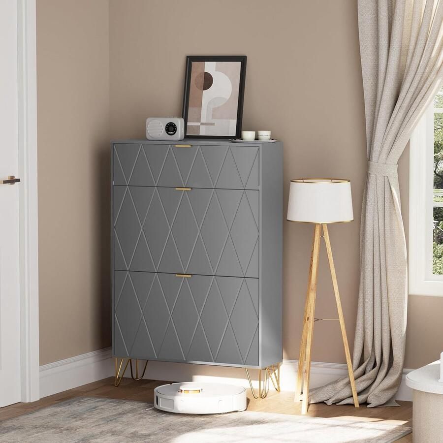 UEV Kantelbare schoenenkast schoenenrek voor 16 paar 3 compartimenten (2 schoenenopbergers + 1 verborgen plank) (80 x 24 x 120 cm GRIJS)