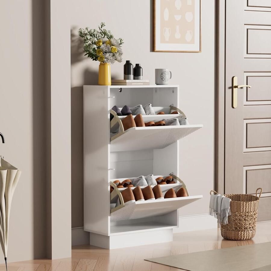 UEV Schoenenkast met 2 kleppen schoenenkast met lijnpatroon schoenenrek met anti-kantelfunctie voor hal entree woonkamer 50 x 24 x 91 cm wit
