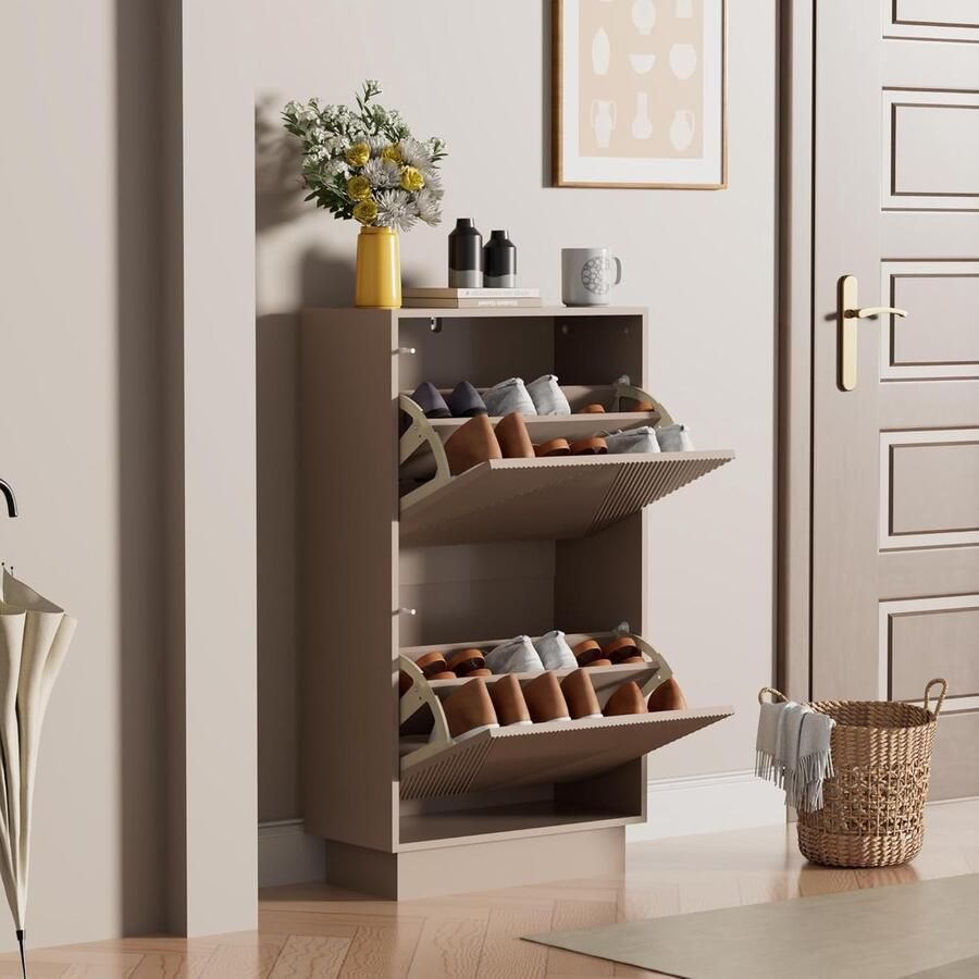 UEV Schoenenkast met 2 kleppen schoenenkast met lijnpatroon schoenenrek met anti-kantelfunctie voor hal entree woonkamer 50 x 24 x 91 cm Kasjmier