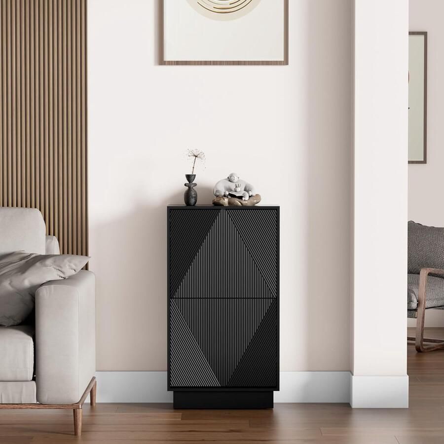 UEV Schoenenkast met 2 kleppen schoenenkast met lijnpatroon schoenenrek met anti-kantelfunctie voor hal entree woonkamer 50 x 24 x 91 cm zwart