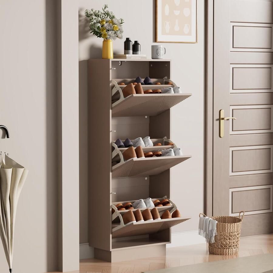 UEV Schoenenkast met 3 kleppen schoenenkast met lijnpatroon schoenenrek met anti-kantelfunctie voor hal entree woonkamer 50 x 24 x 131 cm Kasjmier