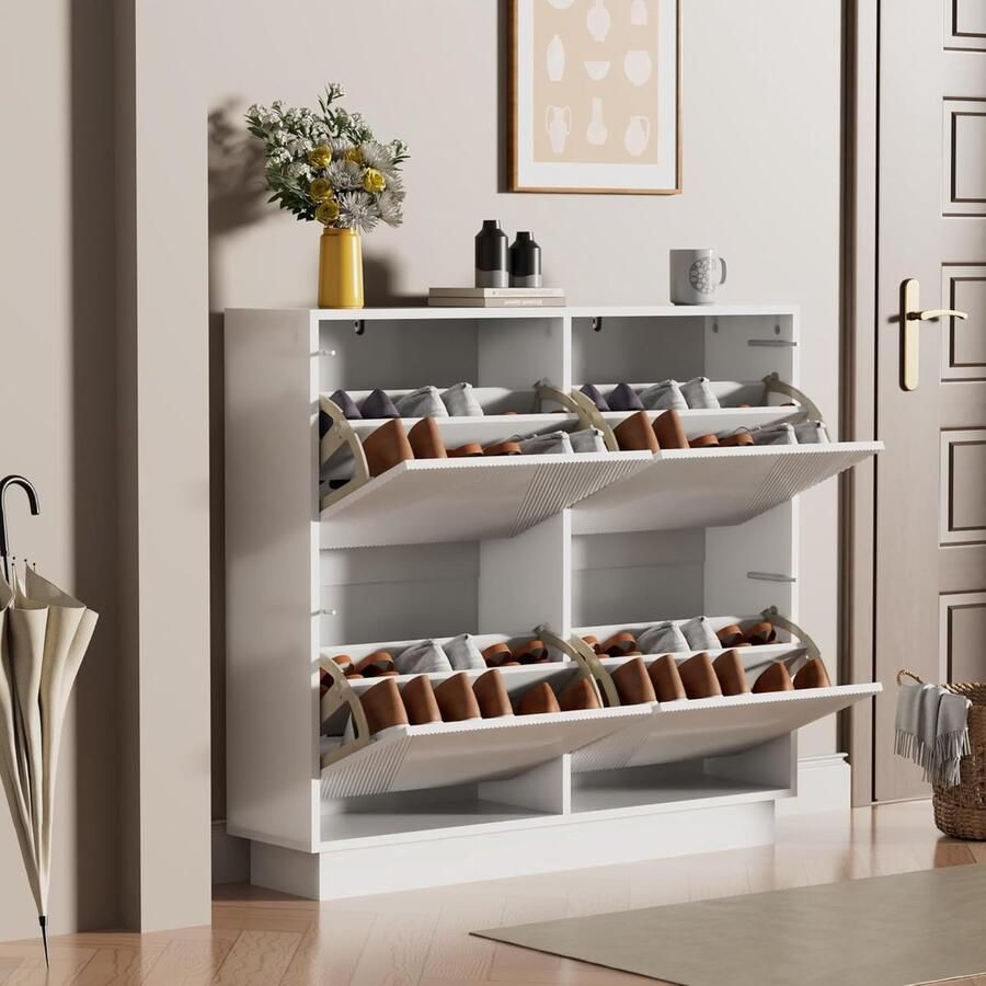UEV schoenenkast met 4 kleppen schoenenkast met lijnpatroon schoenenrek met anti-kantelfunctie voor hal entree woonkamer 100 x 24 x 91 cm Wit