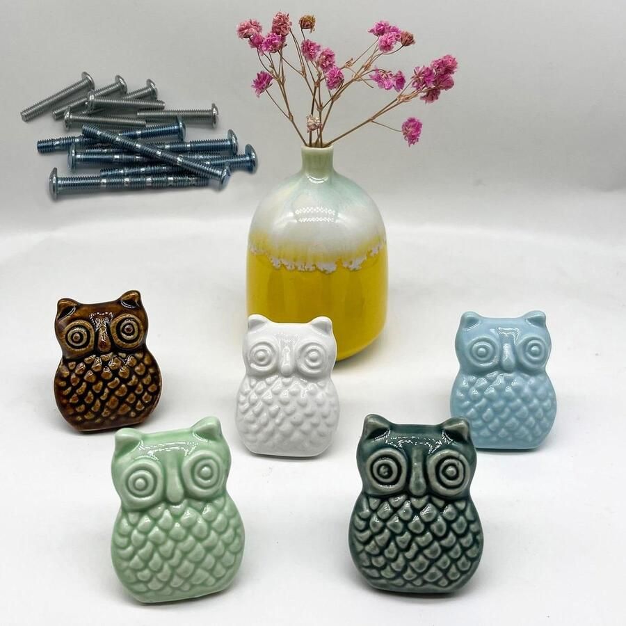 Uilen porseleinen knoppen 5 stuks dieren keramische handgrepen prachtige schattige dressoir keramische knoppen voor doe-het-zelf kast meubels decor
