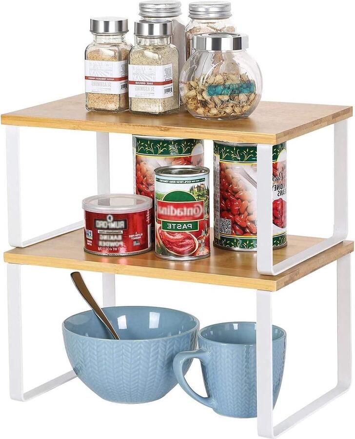 Uitbreidbaar en stapelbaar kruidenrek keukenrek opbergrek voor keukenkast werkblad set van 2 wit en natuurlijke kleuren opbergrek