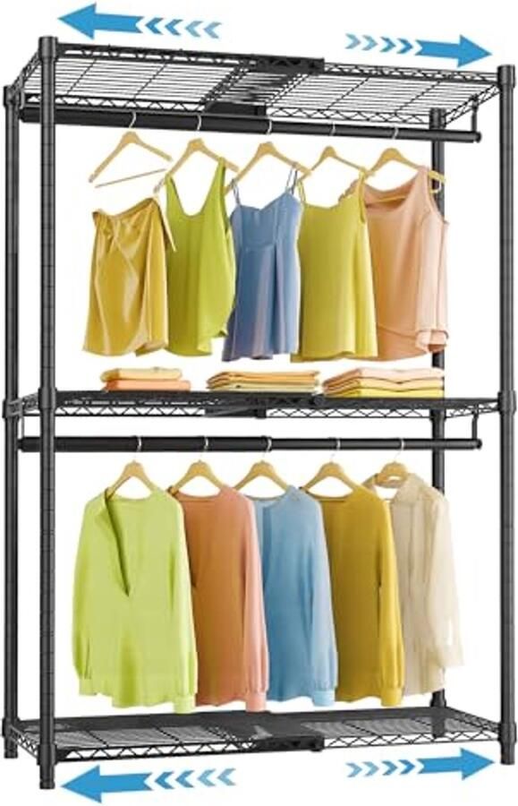 Uitbreidbaar heavy-duty kledingrek met verstelbare ophangstangen en planken