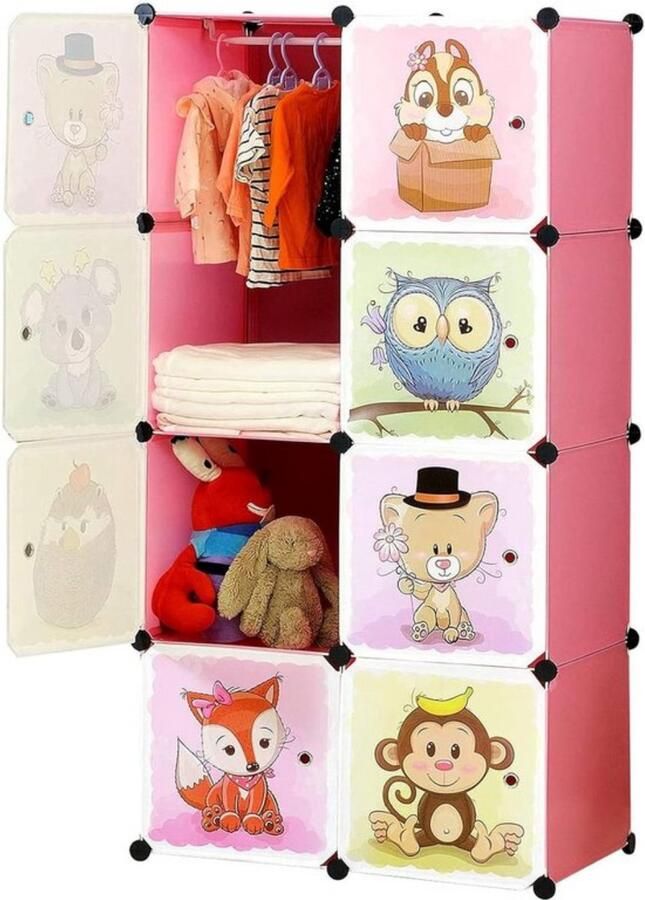 Uitbreidbaar kinderrek kinderkledingkast boekenkast met deuren diepere vakken dan normaal (45 cm vs. 35 cm) voor meer ruimte 75 x 47 x 147 cm roze