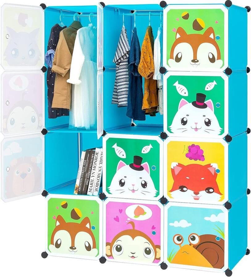 Uitbreidbaar kinderrek kinderkledingkast boekenkast met deuren en 2 hangers diepere vakken dan normaal (45 cm vs. 35 cm) 110 x 47 x 147 cm blauw