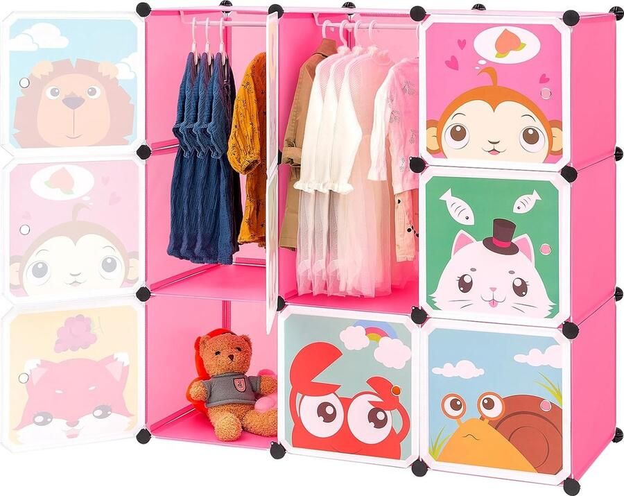Uitbreidbaar kinderrek kinderkledingkast trapstelling boekenkast met deuren diepere vakken dan normaal (45 cm vs. 35 cm) 110 x 47 x 110 cm roze