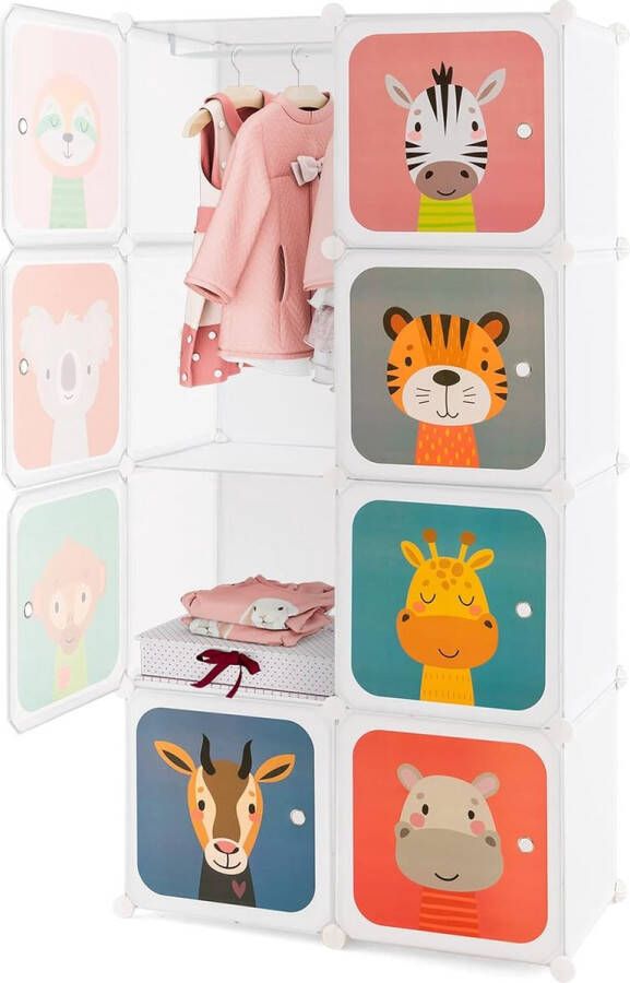 Uitbreidbaar kinderrek reksysteem met 8 kubussen kledingkast opbergkast van kunststof met deuren en hangers voor kinderkamer slaapkamer